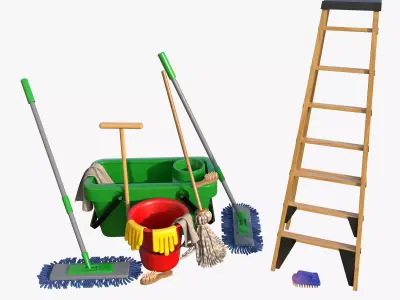 Cleaning Cart With Mop and Buckets Cleaning Products Fur Low-poly 3D model