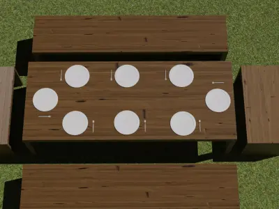 tavola legno con piatti wooden table with plates and forks 3D model