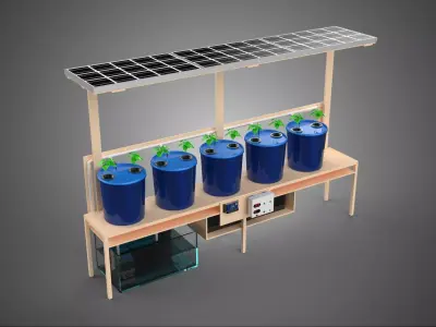 IOT SOLAR POWERED DUTCH BUCKET SYSTEM HYDROPONIC FARMING PLANT 3D model