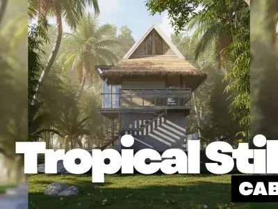 Tropical Stilt Cabin Eco Wooden House with Nipa Roof 3D model