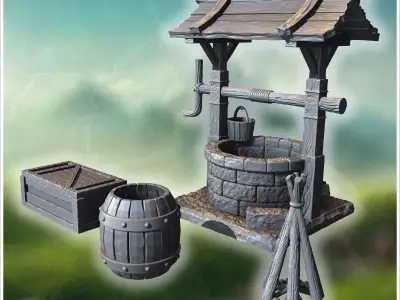 Wooden well with detailed roof bucket and surrounding barrels cr 3D print model