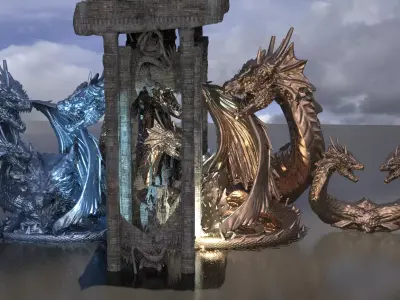 Fallen Angel Blood Font Monoliths with Dragon Statue 3D model