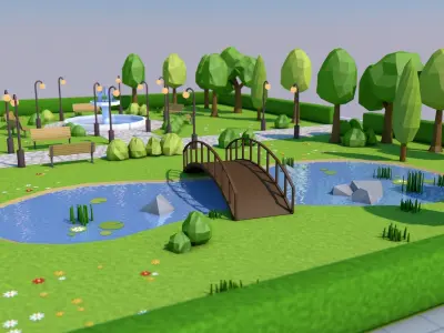 Low Poly Park with trees and pond Low-poly 3D model