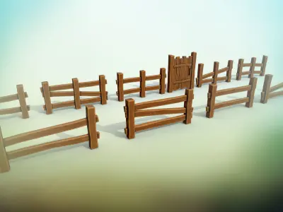 Stylized wooden fence of 10 sections PBR game ready Low-poly 3D model