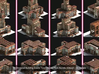 50 Medieval Building Castle Town House Pack Bundle Kitbash