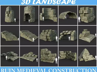 Low poly Mossy Ruin Medieval Construction Low-poly 3D model