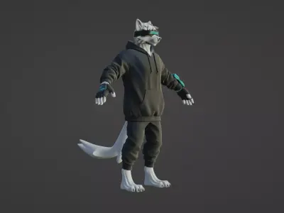 Cyber Wolf Base Mesh Techwear Character for Rigging Low-poly 3D model