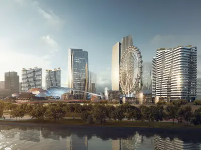 Waterfront City Skyline With Ferris Wheel 3D model