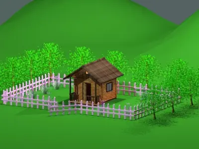 3Ds Max Editable Wooden Cottage in Meadow  3D model