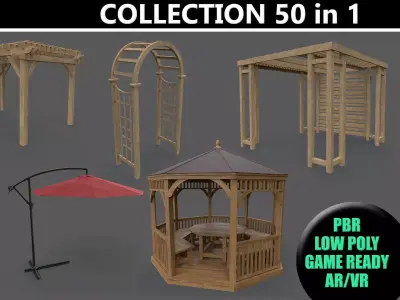 PBR Wooden Pergola Gazebo - Collection 3D Model Pack