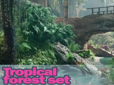 Tropical forest and river assets Low-poly 3D model