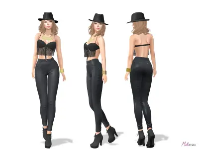 Black Cowgirl Style Fashion Outfit Hat Bracelet Top Pants Hat Low-poly 3D model