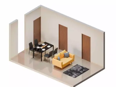 Isometric Living Dining Room With One Yellow Sofa 3D model