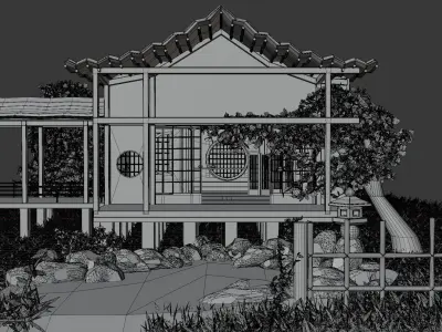 Japanese house with a small pond 3D model
