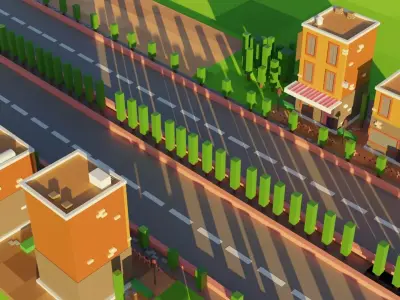 Small Village beside Countryside Road - Low Poly Town Low-poly 3D model