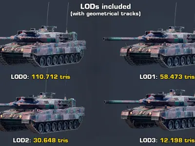  Rigged Tank Leopard 2A7 Realtime LODs 