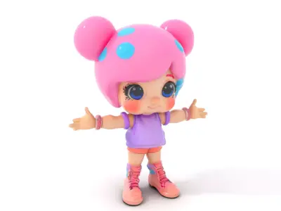 Cute PinkHaired Character Model Rigged and Animated Low-poly 3D model