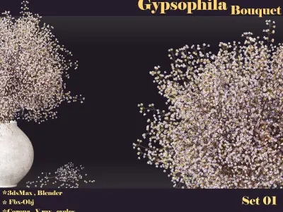 Minimal Gypsophila Bouquet in Textured Clay Vase 3D model