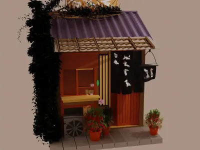 Coffee Shop Build Structure Post Tree Japanese Pavilions Low-poly 3D model