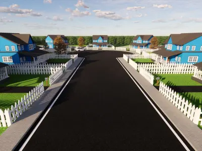 3D Neighborhood Model 5 street with houses and picket fence 3D model