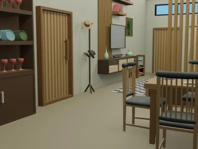 3D Low Poly Living Room and Dining Room Interior Model Low-poly 3D model