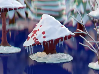 Stylized Snow-Covered Winter Nature Tree Bush Rock Low-poly 3D model