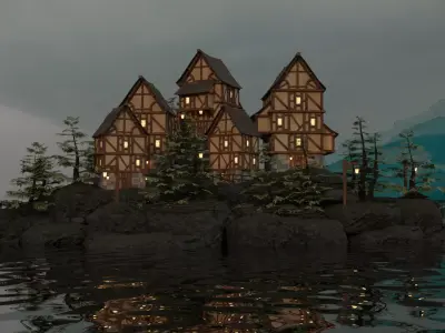 Village modular houses and surroundings Low Poly Free low-poly 3D model