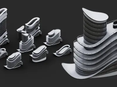 Futuristic Buildings Kitbash Set Low-poly 3D model