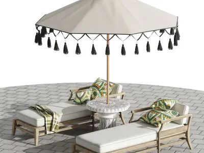 Beach umbrella and chaise longue set 3 3D model