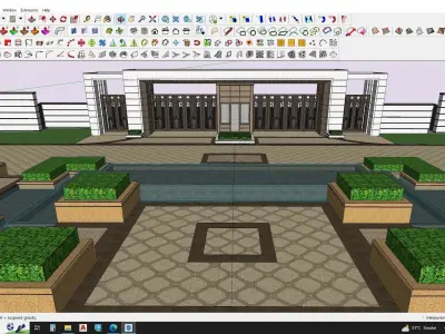 Main entrance gate with water fountain landscape 3D model