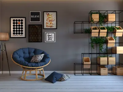 Stairs living room with chair and shelves 3D model