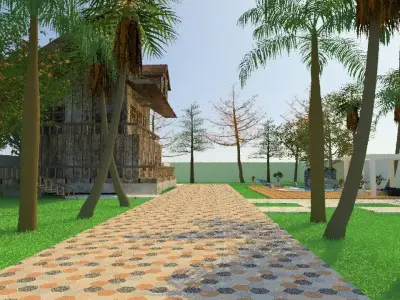 Land Layout with swimming pool and wood house 3D model