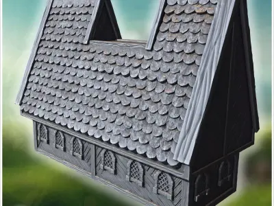 Long wooden hall with detailed roof shingles arched windows and  3D print model