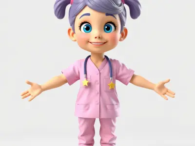 Cartoon Nurse Girl Character Model with Purple Hair and Pink ... Low-poly 3D model