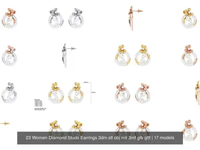 17 Women Diamond Studs Earrings 3dm stl obj mtl 3mf glb gltf 3D Model Pack