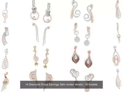 14 Diamond Drops Earrings 3dm render details 3D Model Pack