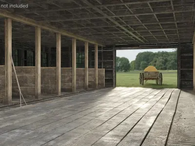 Rustic Barn Interior with Wooden Wagon 3D model