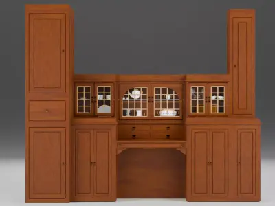 Low Poly Wooden Storage Cabinet with Glass Doors and Desk Low-poly 3D model