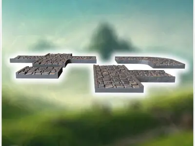 Modular cobblestone street sections with detailed patterns and v 3D print model