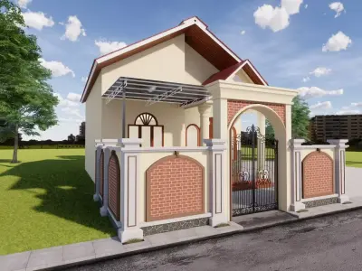 Simple House Design Fence  and Mini Garden and fish pool 3D model