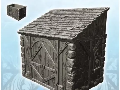 Stone half-timbered annex with large wooden door and tile roof 1 3D print model