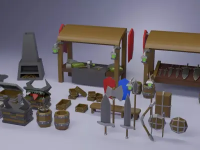 Low Poly Medieval Blacksmith Market Stall Weapon Shop Asset Pack 3D model