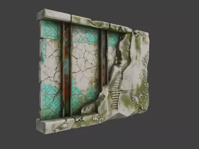 Ancient Ruined Stone Wall with Turquoise Low-poly 3D model