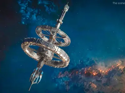  Vertical Axis Space Station with Dual Rotational Rings Metallic Gray 