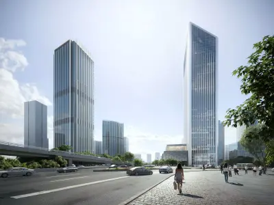 Glass Office Towers - Skybridge and Chimney Landmark 3D model