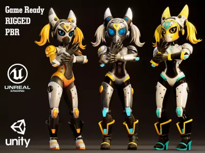 Stylized Sci-Fi Robot Girl 3 Game Ready Character Low-poly 3D model