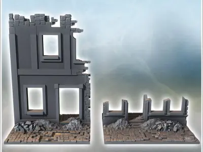 Set of ruined walls with debris on the ground 10 - Modern WW2 WW 3D print model