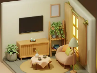 Interior-building cute living room isometric  Free 3D model