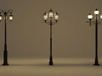 Triple head straight lamp Low-poly 3D model