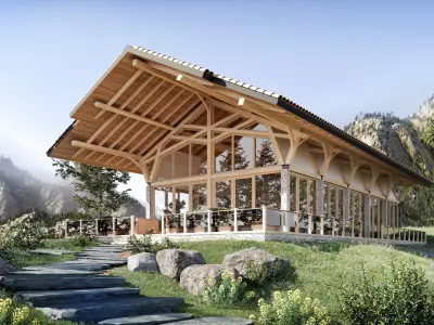 Exterior scene restaurant in the mountains 3D model 3D model